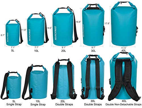 MARCHWAY Flotante impermeable bolsa seca 5L/10L/20L/30L/40L, Roll Top Bag mantiene el equipo seco para kayak, rafting, canotaje, natación, camping, senderismo, playa, pesca (verde azulado, 10L)