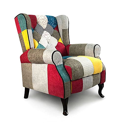 Mediawave Store - Sillón de tejido Patchwork reclinable, silla, sillón, relax, acolchado con reposapiés, reclinable con reposabrazos, modelo Pacífico