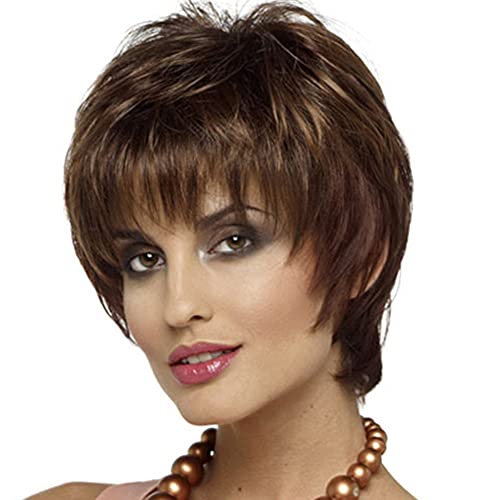 MEIRIYFA Pelucas cortas de corte pixie para mujer, pelucas de pelo sintético con flequillo lateral, peluca brasileña, corta Bob (marrón con reflejos rubios)