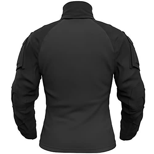 Memoryee Camisa de Manga Larga de Combate Militar del ejército táctico para Hombres Camiseta Slim fit de Camuflaje con Cremallera 1/4 y Bolsillos/Negro/L(Tag 2XL)