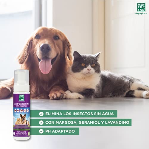 Menforsan Champú en espuma anti-insectos para perros y gatos 200ml con Margosa, Geraniol y Lavandino