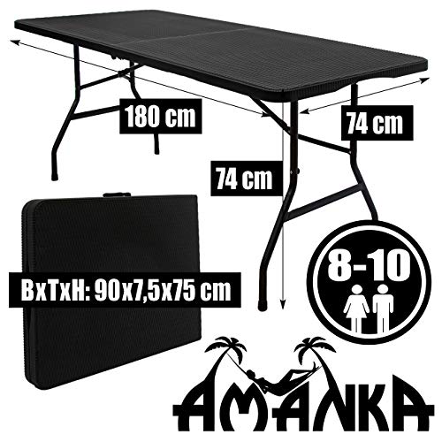Mesa de jardín Amanka para 6 Personas, 180 x 74 cm, Plegable, Aspecto de ratán, Color Negro