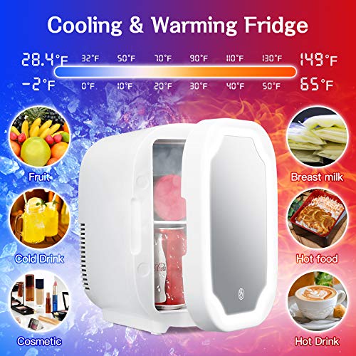 Mini Refrigerador 8L con Espejo de Maquillaje LED, Refrigerador Silencioso de 12V / 220V, Mini Nevera Eléctrico Portátil de Frío/Calor para automóvil, viajes, medicina, cuidado de la piel Warmfunn