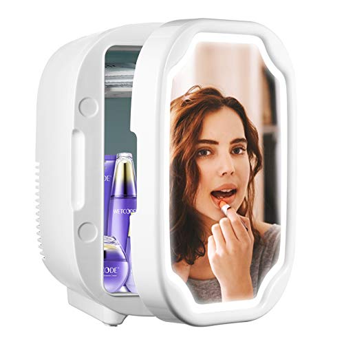 Mini Refrigerador 8L con Espejo de Maquillaje LED, Refrigerador Silencioso de 12V / 220V, Mini Nevera Eléctrico Portátil de Frío/Calor para automóvil, viajes, medicina, cuidado de la piel Warmfunn