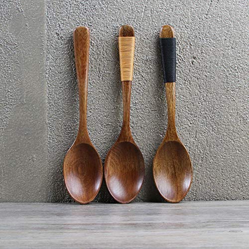 MoonyLI Cucharas de madera de 19 cm para comer, cucharas soperas de madera natural, cucharas con mango largo, respetuosas con el medio ambiente, antiadherentes, 3 unidades