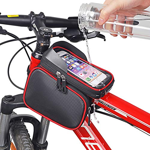 Moto viga frontal bolsa, tubo impermeable superior la bolsa de bicicletas, bicicletas de teléfono sostenedor del bolso con la pantalla táctil y parasol, por teléfono a continuación 6,2 pulgadas,Rojo