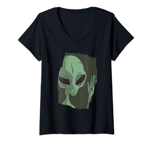 Mujer Amistoso Extraterrestre Verde Gris Alien ET Camiseta Cuello V