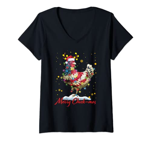Mujer Chicken Reno Santa Hat Merry Chick-Mas Christmas Funny Camiseta Cuello V