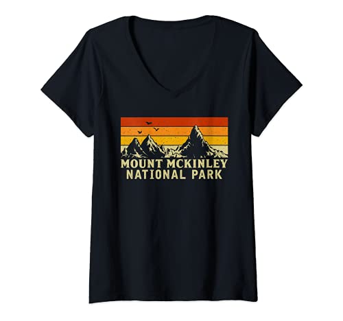 Mujer Gráficos de montaña retro vintage Parque Nacional Mount Mckinley Camiseta Cuello V