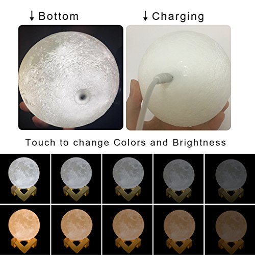 Mydethun luna luz de la luna lámpara de luz nocturna para niños regalo para las mujeres USB carga y control táctil brillo dos tono cálido y blanco frío lámpara Lunar(15cm)