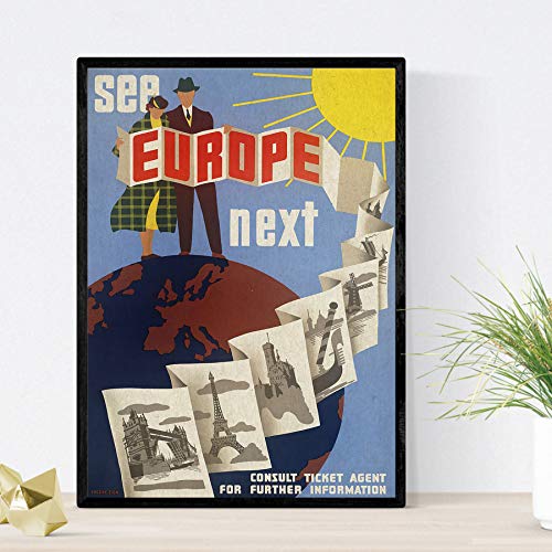 Nacnic Poster vintage. Cartel vintage de Europa. Visita Europa. Tamaño A4 con marco