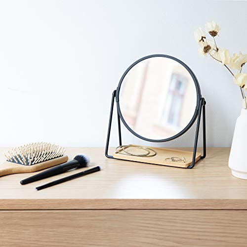 Navaris Espejo de Mesa Redondo - Espejo Doble Cara con Aumento 2X y 1x para tocador baño Mesa - Base de Bandeja bambú para Maquillaje Joyas - Negro