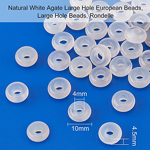 NBEADS 30 cuentas europeas, cuentas sueltas de ágata blanca natural Rondelle con agujero grande para pulsera de abalorios, collares, pendientes, joyería, agujero: 4 mm