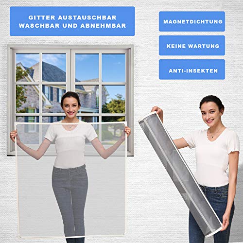 NeatiEase - Mosquitera para ventanas magnéticas, máx. 130 x 150 cm, marco magnético para mosquitera, lavable, color blanco, no requiere perforación, ignífugo y resistente al agua