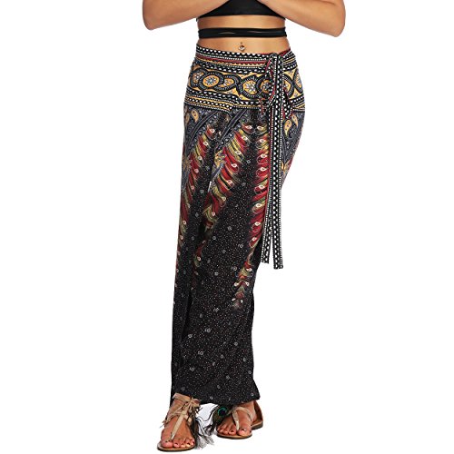 Nuofengkudu Mujer Falda Larga Hippie Gitana Amarra la Cintura Alta Boho Patrón De Estilo Tailandés Faldas de Playa Fiesta Casual Skirts Negro Pavo