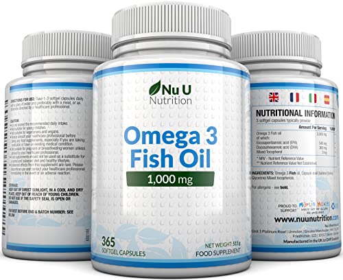 Omega 3 - Aceite de Pescado - 1000 mg - 365 Cápsulas (Suministro Anual) - Complemento alimenticio de Nu U Nutrition