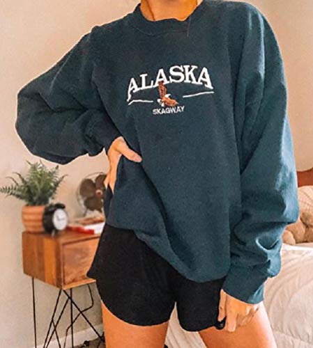 Onsoyours Sudadera para Mujer Alaska Letra Impresión Suelta Casual Manga Larga Hip Hop Alto Cuello Redondo Cremallera Águila Gráfico Jerseys Pullover Top Z8 Azul XL