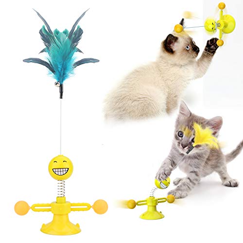 Ossky Juguete para Gato Plumas interactivos para Mascotas con Campana,Gatos Juguete Giratorio para Molino de Viento,Suministros para Gatos-Amarillo