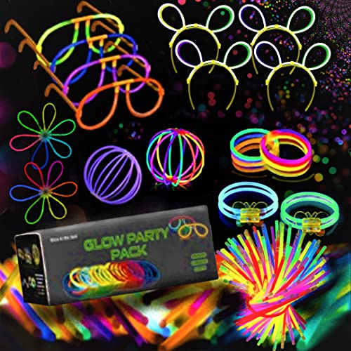 Pack fiesta, barras luminosas, 224 piezas, 100 palos de color, 100 conectores para pulseras fluorescentes que brillan + 24 conectores para crear gafas, pelotas, flores, diademas y collares.