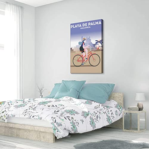 Palma Beach Mallorca - Póster de viaje vintage para niña, diseño de bicicleta, póster de lienzo para decoración de pared