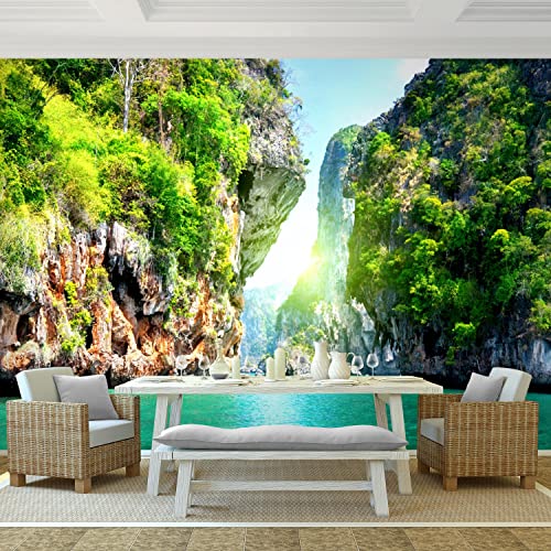 Papel tapiz fotográfico Beach montañas marinas 352 x 250 cm Lana Fondo De Pantalla XXL Moderna Decoración De Pared Sala Cuarto Oficina Salón Verde azul 9011011b