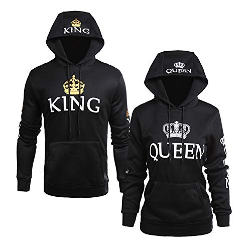 Pareja Impresión Corona King & Queen Sudaderas con Capucha Manga Larga Jersey Camisa de Entrenamiento Hombre Mujer Pullover (Negro, King M+Queen S)