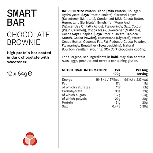 PhD Nutrition Smart Bar Barritas de Proteína | Sabor Brownie de Chocolate | Bajas en Carbohidratos y Azúcar | Caja de 12 x 64 g
