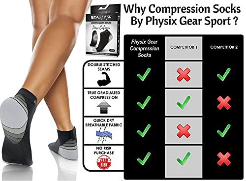 Physix Gear Sport Calcetines running hombres y mujeres, los mejores calcetines de compresión, calcetines tobilleros para la fascitis plantar hombre y mujer, 2 pares, L/XL gris/negro