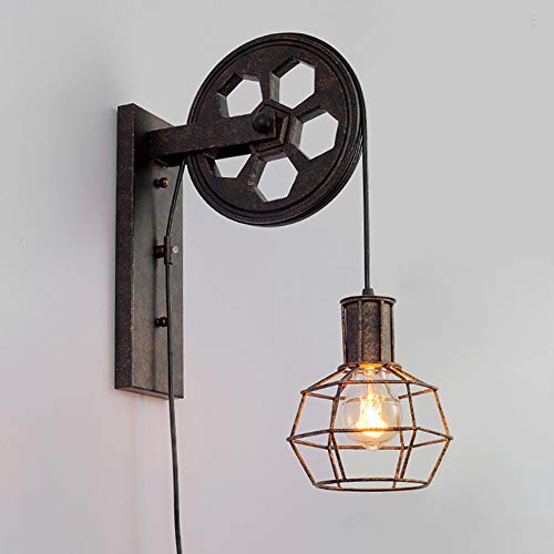 Polea lámpara de pared industrial mediados de siglo retro hierro luces de pared características de la jaula de hierro mate pantalla de lámpara para interior y exterior iluminación granero restaurante
