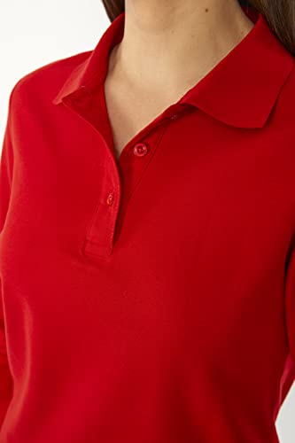 Polo Manga Larga Mujer Algodón con Botón - Shirt Camiseta Camisa Estilo Polos Regular Casual Color Liso Long-Sleeve Cuello Redondo Basico Esencial Original Piqué (Rojo, M, m)