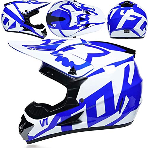 POPQ Casco de Motocicleta, Vasco de Motocross de Cara Completa para Adultos, Casco de Descenso para Niños con Guantes/Gafas/Máscara/Red de Bungy para BMX MTB MTB (Azul Blanco)- S