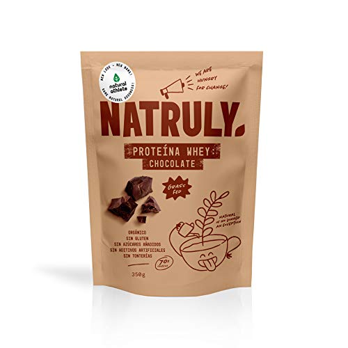 Proteína Whey Chocolate NATRULY 70% Proteína de Suero de Leche de Vacas de Pastoreo Sin Azúcar, 100% Natural, Sin Gluten –350g