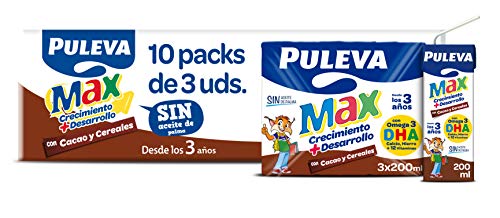 Puleva Max Leche Crecimiento y Desarrollo con Cacao y Cerales - 10 packs de 3 minibriks de 200 ml