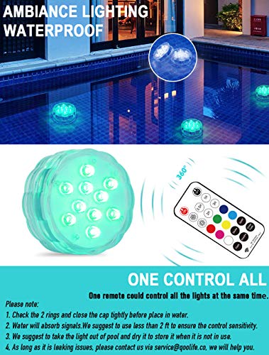 Qoolife luz sumergible magnéticas-Control remoto Nueva versión AA Batteries Impermeables Multicolores RGBW luz subacuatica pool lights para fuente cascada spa acuario bañera florero（1 Paquete）