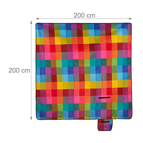 Relaxdays Manta de pícnic XXL, Manta Aislante para Exterior, Impermeable, con asa, Cuadros de Colores, 200 x 200 cm