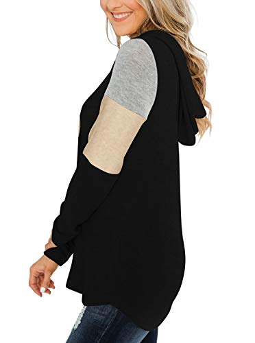 REORIA Sudadera de mujer con capucha con cordón de manga larga con bloques de color, Negro , M