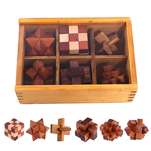 RoseFlower 6 Piezas Cubo Rompecabezas 3D de Madera, Rompecabezas de Lógica Juegos de Desafío Prueba de Inteligencia Entrelazados Inteligencia Juguetes para Niños y Adultos, Kongming Luban Lock