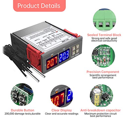 RUIZHI STC-3008 Controlador Digital de Temperatura Termostato Regulador Pantalla LED Doble Termostato para Incubadora con Doble Sensor NTC Sonda Calentador Enfriador （110-220v）