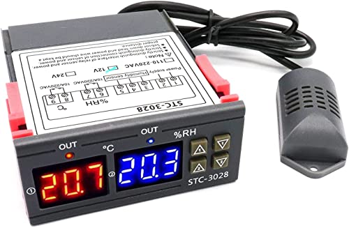 RUIZHI STC-3028 Medidor Digital de Temperatura y Humedad,110-220V 10A Termostato Dual Digital Display Regulador de Temperatura con Doble NTC Sonda de Calefacción Sensor