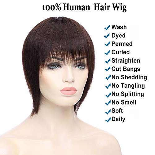 S-noilite - Peluca de pelo humano de corte recto corto, estilo Bob, con flequillo, pelo virgen brasileño, marrón oscuro, para mujeres, sin encaje, gorro ajustable