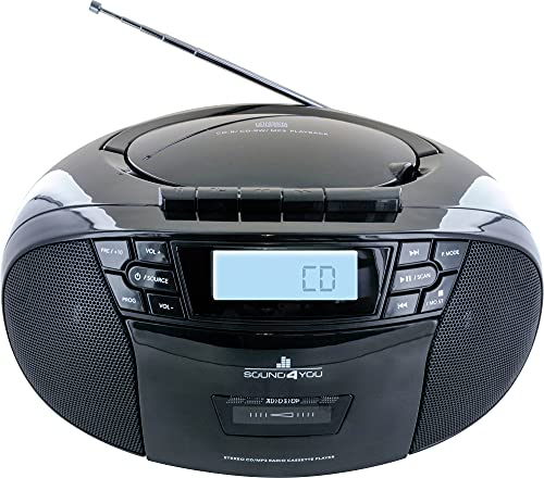 SCHWAIGER 658026 - Reproductor de CD portátil con casete y radio, MP3, conexión USB, radio FM, AUX, auriculares, Boombox estéreo, para casa y de viaje, pantalla de funcionamiento con pilas y red
