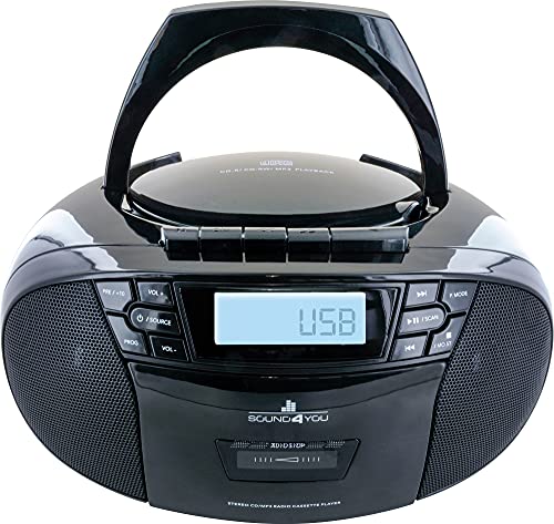 SCHWAIGER 658026 - Reproductor de CD portátil con casete y radio, MP3, conexión USB, radio FM, AUX, auriculares, Boombox estéreo, para casa y de viaje, pantalla de funcionamiento con pilas y red