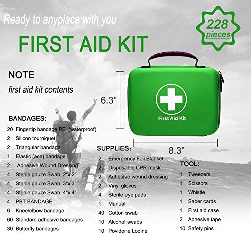 SHBC Kit de Primeros Auxilios (228 Piezas) Compacto Diseñado para Cuidados Familiares de Emergencia. Carcasa de EVA a Prueba de Agua. Esta Bolsa es Ideal para el Coche, Barco, Camping, Oficina. Verdor