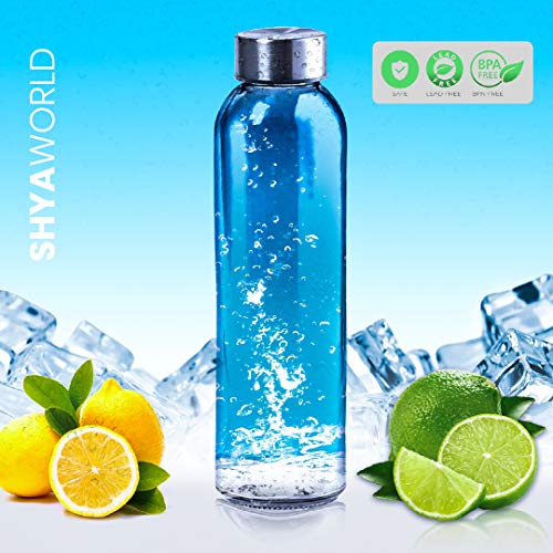ShyaWorld Botella De Cristal para Agua Cuerpo de Acabado Transparente Tapón a Rosca en Acero Inoxidable. Cajas Individuales por Botella. (Azul, 500ml (5PCS))