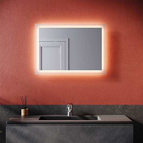 SONNI espejo baño con luz LED 50x70 cm, luz blanca cálida, interruptor de pared IP44