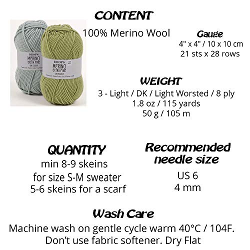Superwash 100% hilo de lana merino para tejer y ganchillo, 3 o ligero, DK, Leight Worsted Weight, gotas Merino extra finas, 1.8 oz 115 yardas por bola (40 polvos rosa)