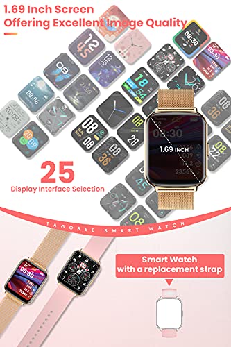 TagoBee Smartwatch Mujer,IP68 Impermeable con 1.69" Táctil Completa Reloj Inteligente Mujer Monitor de Sueño Pulsómetro,Oxígeno de Sangre,GPS Podómetro 24 Modos Deporte Compatible con iOS y Android