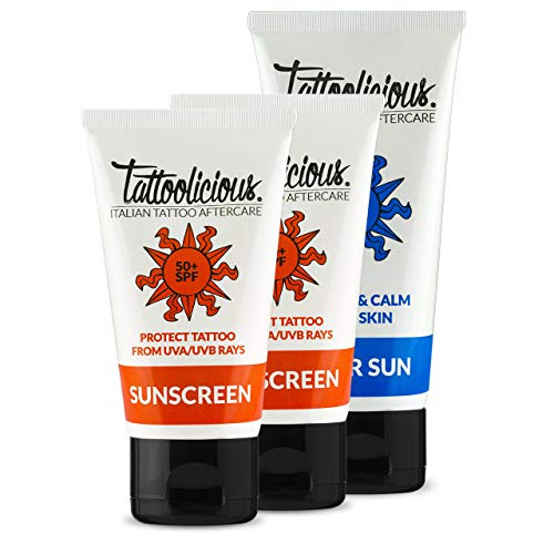 Tattoolicious COMBO SUN PLUS - SUNSCREEN 50+SPF Crema solar para tatuajes, 150 ml (2 tubos de 75 ml) + AFTER SUN Después del sol para tatuaje, 100 ml