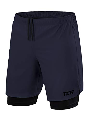 TCA Hombre Ultra Pantalón Corto 2 en 1 con Bolsillo con Cremallera - Pantalones Cortos - Navy/Black (Azul/Negro), XL