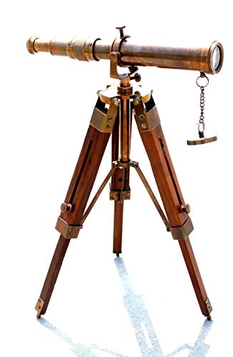 Telescopio náutico hecho a mano de latón antiguo con trípode de madera, color marrón, aspecto antiguo, telescopio marino, gran regalo para cumpleaños, Navidad, Halloween, Año Nuevo